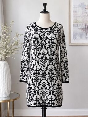 Neiman Marcus Black White Damask Sweater Dress Tunic Knit Midi Career Office Ele